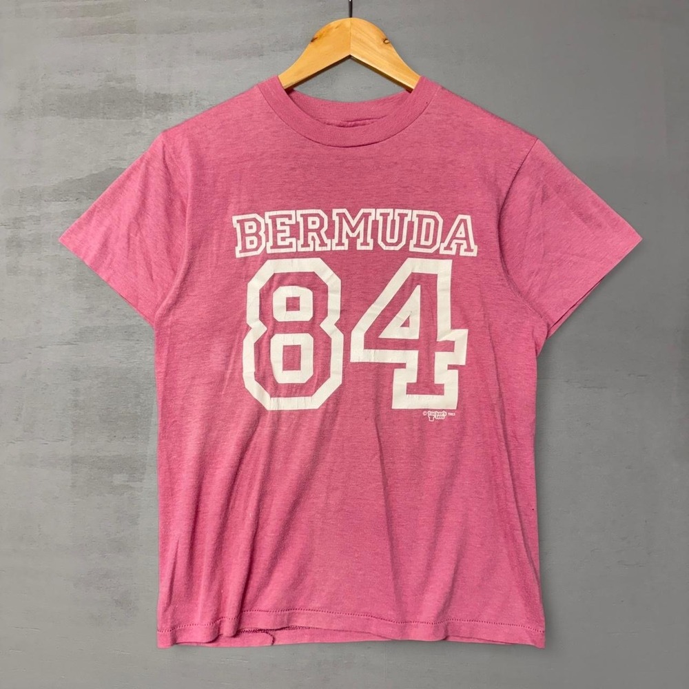 True Vintage Hanes T-Shirt Pink Bermuda 84 80s Single Stitch Medium‎